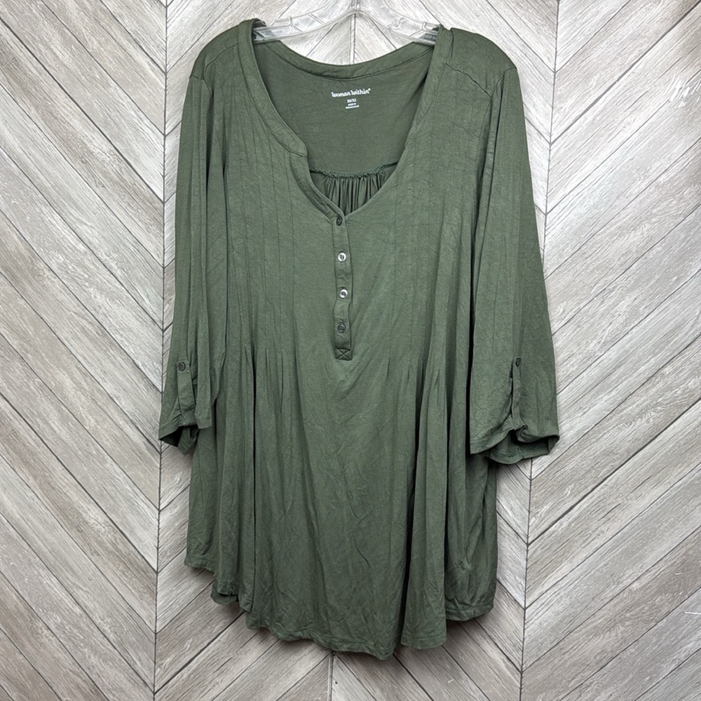 Woman Within Size 3X Olive Green 1/2 Button Front 3/4 Tab Sleeve